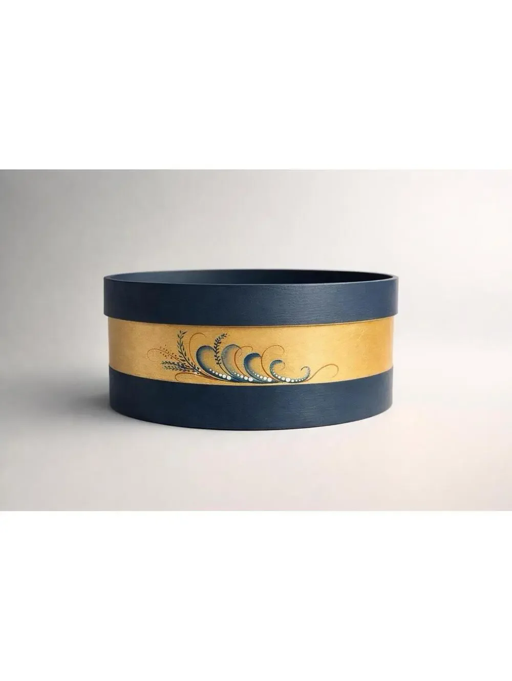 Hand-Painted Wooden Round Box with Blue and Natural Finish
